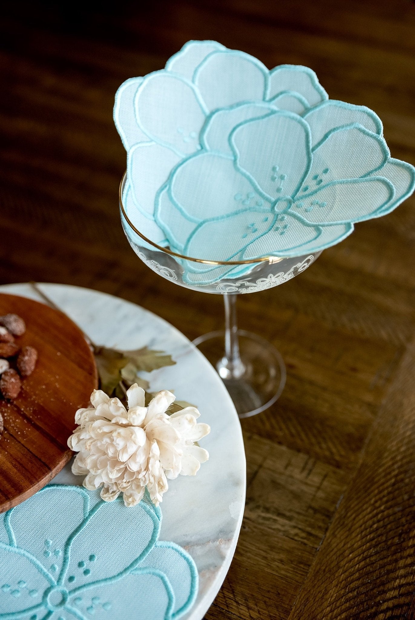Blue Flower Embroidered Cocktail Napkins - Hemsin Atelier
