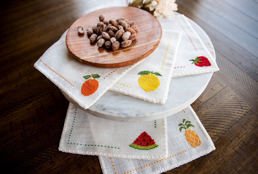 Fruits Cocktail Napkin Embroidered Fruits Napkin Lemon Napkin Cherry Napkin Strawberry Napkin Embroidered Cloth Napkin Fruit Table Top Decor - Hemsin Atelier