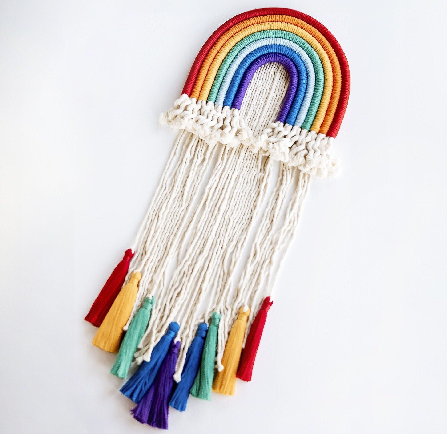 Rainbow Macrame Wall Hanging - Boho Hair Bow & Clip Organizer - Handmade Cotton Rope Decor, 23.6x9 Inch