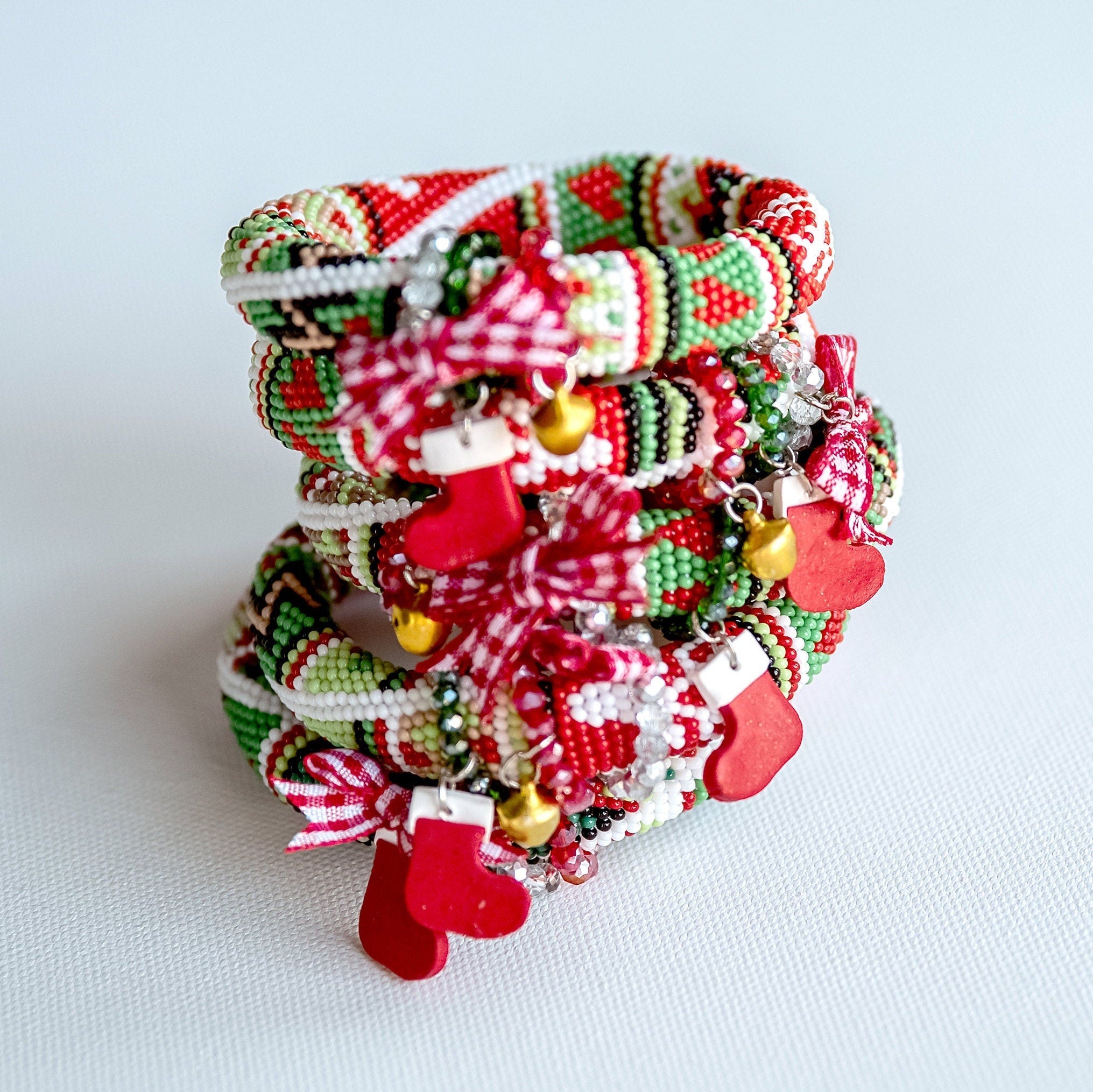 Festive Beaded Bracelet and Jewelry Helper With Satin Strap. 