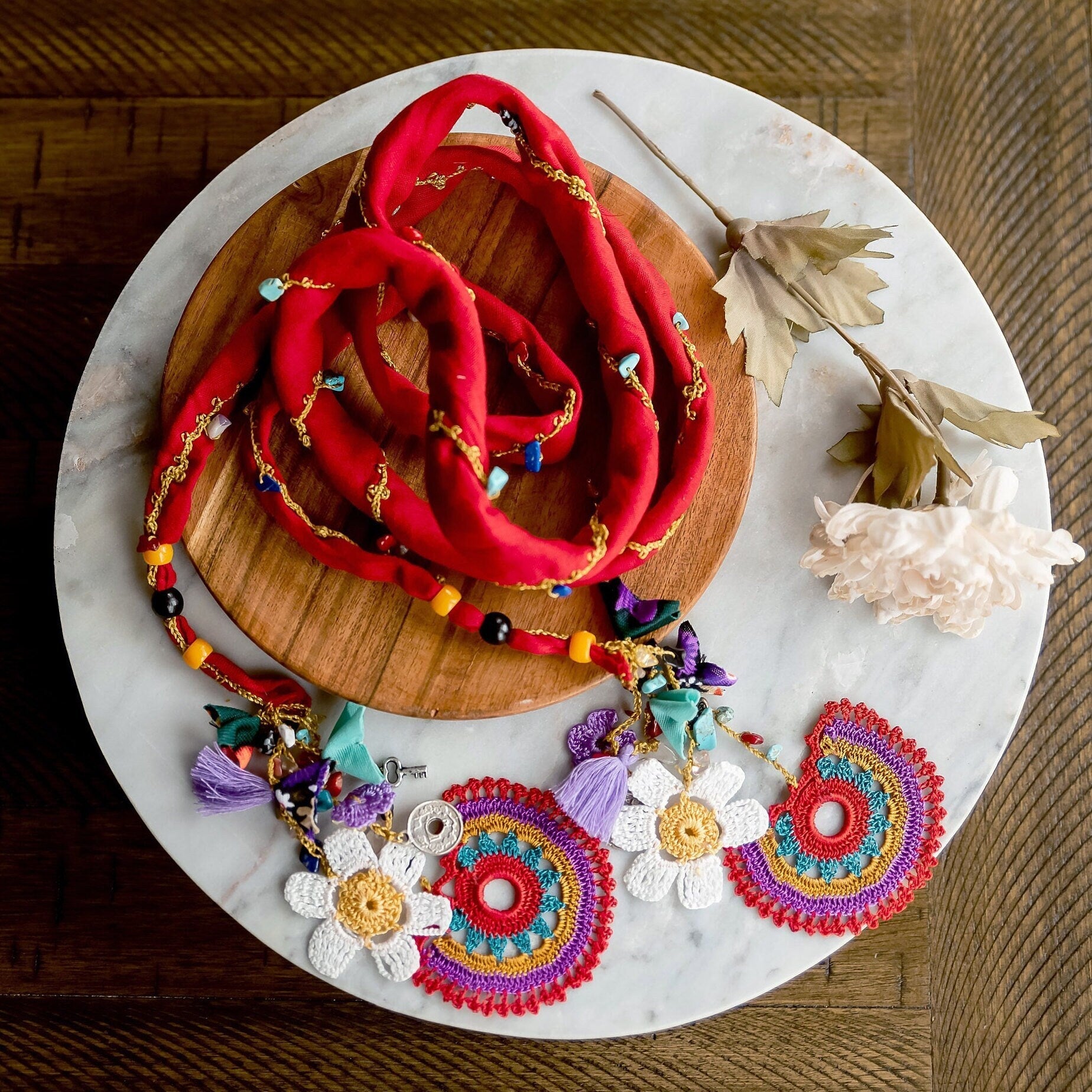 Boho Red Floral Scarf - Hemsin Atelier