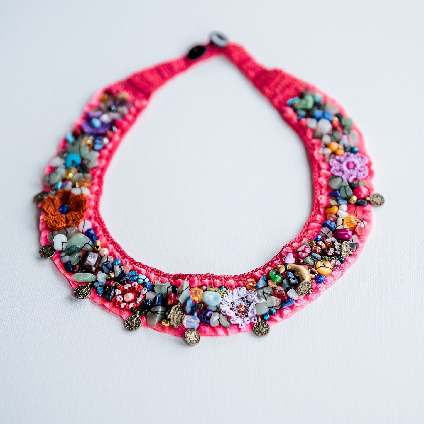 Pink Beaded Crochet Necklace - Hemsin Atelier