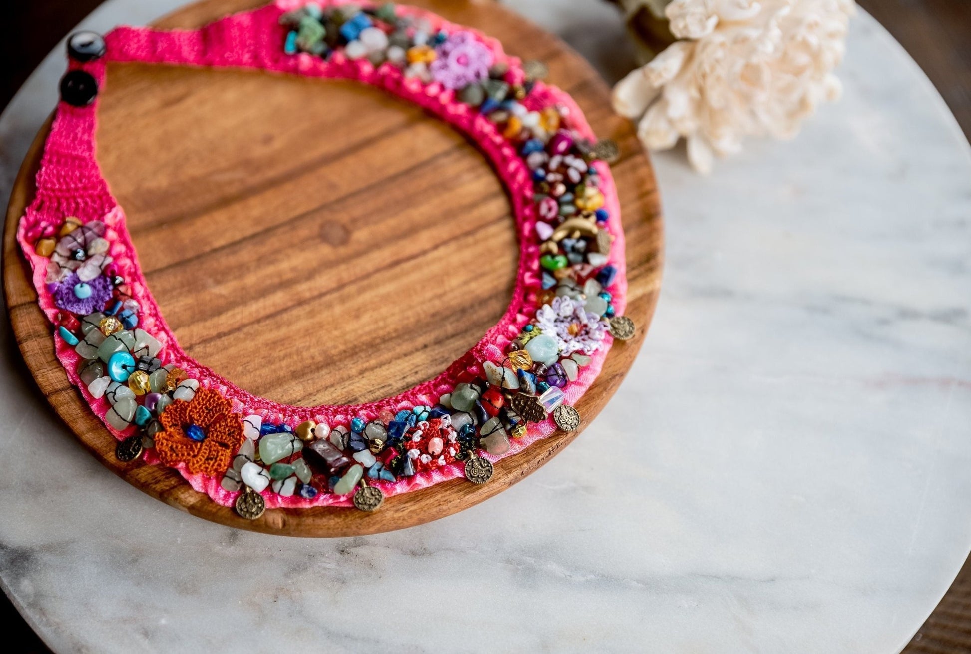 Pink Beaded Crochet Necklace - Hemsin Atelier